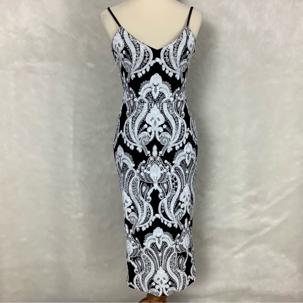 Dress The Population Ava Sequin Midi Dress In Black & White